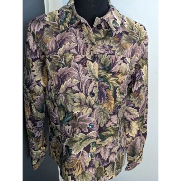 Vintage Coldwater Creek Purple and Green Leaf Print Denim Jacket - Small - Picture 2 of 6